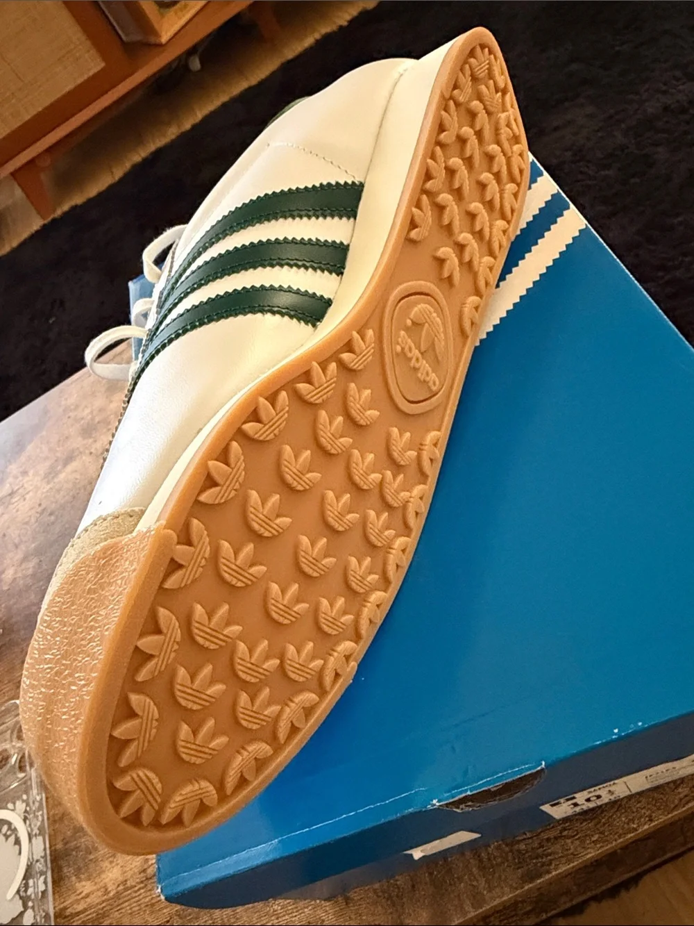 adidas Samoa Leather Sneakers in White with Green Stripes and Gum Toe